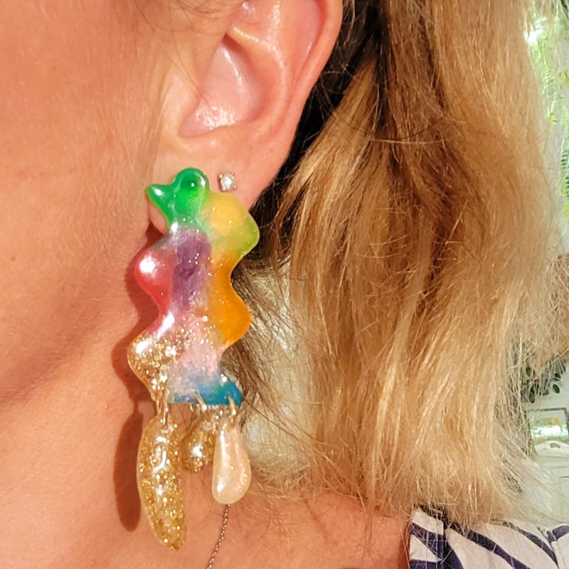 Boucles d'oreilles Zoé fluo multicolore paillette dorée