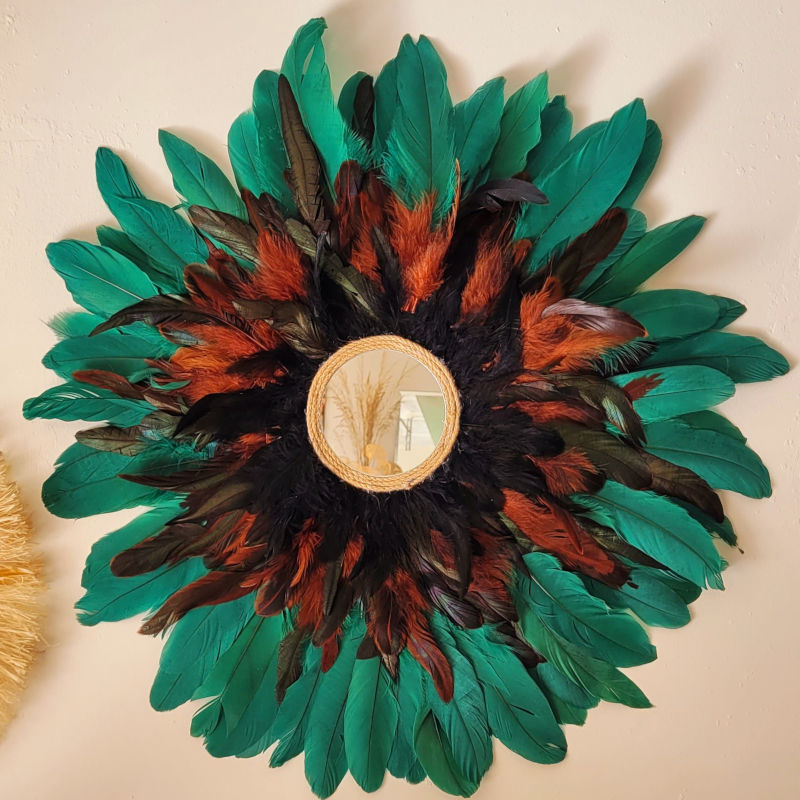 Jujuhat Emeraude avec miroir central en plume naturelle vert marron et noir
