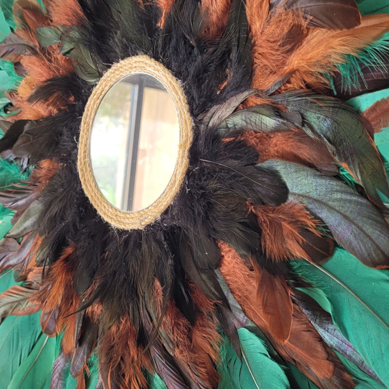 Jujuhat Emeraude avec miroir central en plume naturelle vert marron et noir